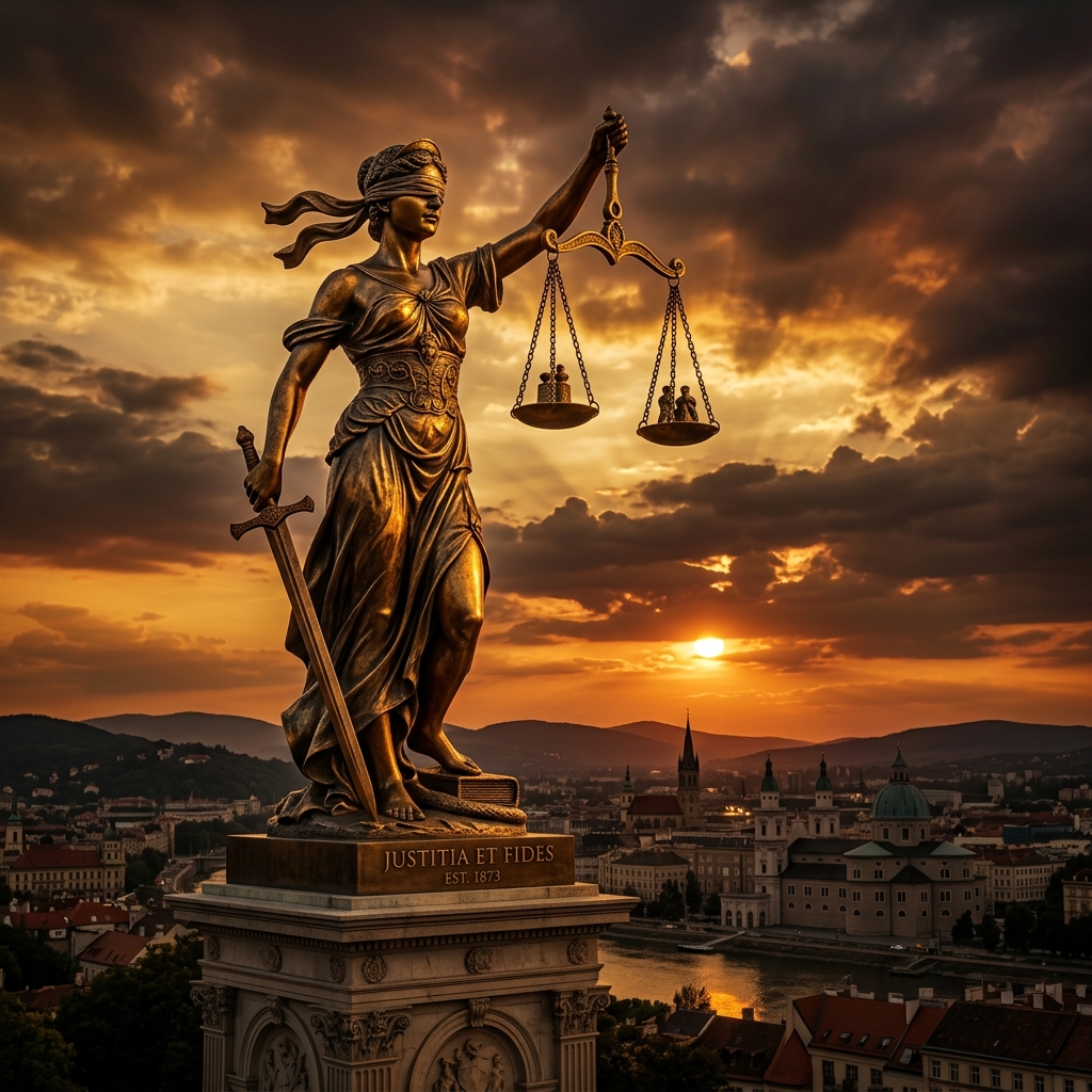 Estátua da Deusa da Justiça com balança contra o entardecer